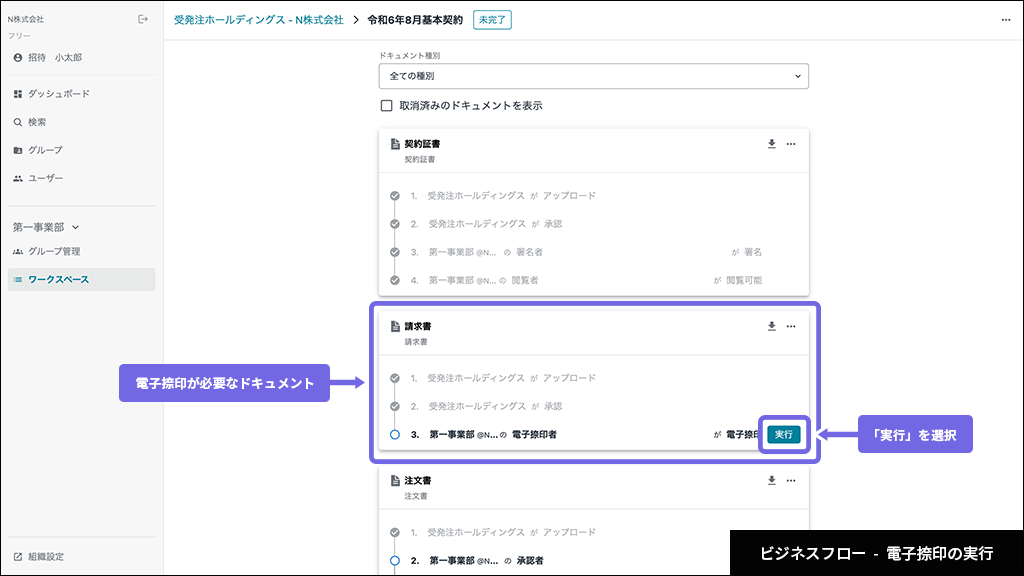 電子捺印の実行画面